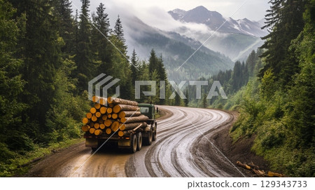 A logging truck carries a load of freshly cut timber along a winding road surrounded by lush forests and mountains in the early morning mist. 129343733