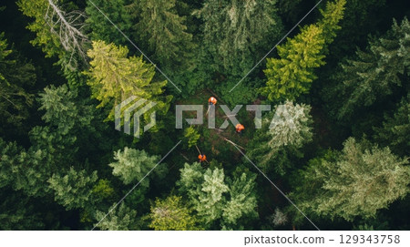 Workers collaborate in a vibrant forest, engaging in conservation activities amidst towering trees and green foliage. 129343758