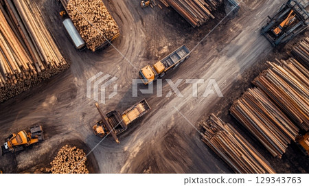 Trucks maneuver through a timber yard, transporting logs amidst stacked wood piles in a busy operation. 129343763