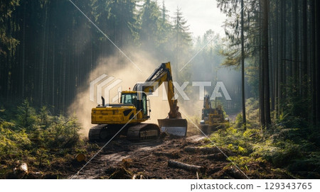 Heavy machinery operates in a forest, clearing trees and debris while dust rises amidst tall pines under clear skies. 129343765