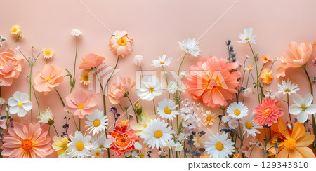 Colorful flowers on the old paper background with space for text - Ai Generated 129343810