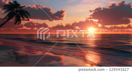 Beautiful sunset over the sea with palm trees - Ai generated 129343827
