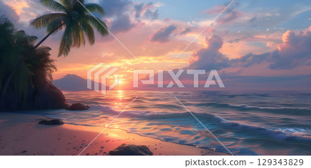 Beautiful sunset over the sea with palm trees - Ai generated 129343829