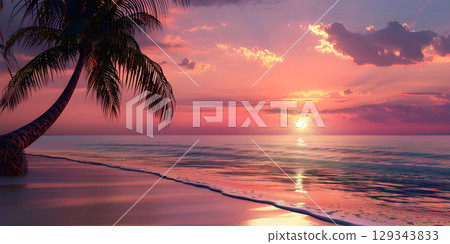 Beautiful sunset over the sea with palm trees - Ai generated 129343833