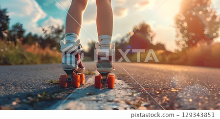 Close up of the legs of a girl on roller skates on the road at sunset. - Ai Generated 129343851