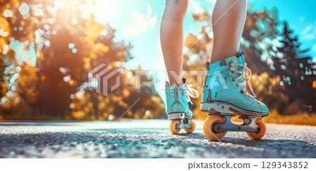 Close up of the legs of a girl on roller skates on the road at sunset. - Ai Generated 129343852