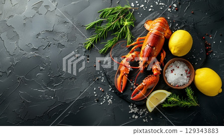 A vibrant lobster is paired with slices of lemon and fresh herbs on a slate board, enhancing its appetizing appearance. 129343883