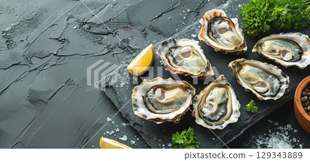 Fresh oysters presented on a slate platter garnished with lemon wedges and herbs, perfect for a seafood feast. 129343889