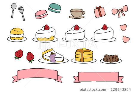 一組可愛的手繪糖果、蛋糕和絲帶 129343894