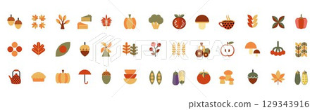 Set of autumn icons in flat geometric style. Leaves, berries, mushrooms, nut, pumpkin, vegetables in Bauhaus style. Collection of flat icons. Vector illustration. 129343916