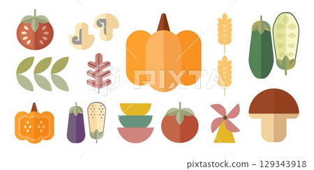 Set of autumn icons in flat geometric style. Leaves, berries, mushrooms, nut, pumpkin, vegetables in Bauhaus style. Collection of flat icons. Vector illustration. 129343918