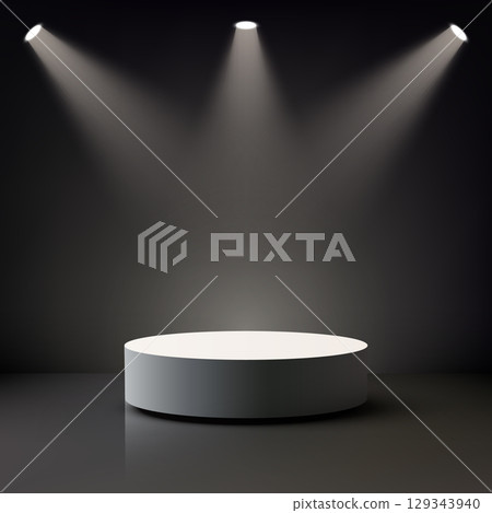 spotlight mockup product display with white circular pedestal on dark stage for modern showroom presentation and dramatic minimal template design spotlight mockup product display with white circular pedestal on dark stage for modern showroom presentation and dramatic minimal template design 129343940