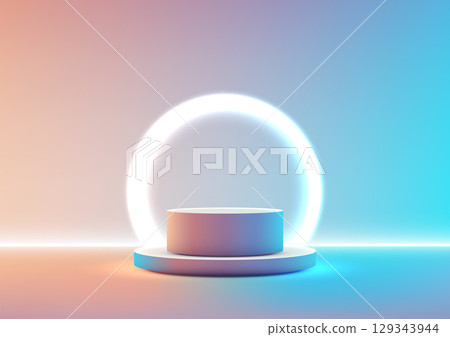 futuristic neon technology podium display with glowing ring and vibrant gradient background for product mockup showroom presentation in modern minimal style futuristic neon technology podium display with glowing ring and vibrant gradient background for product mockup showroom presentation in modern minimal style 129343944