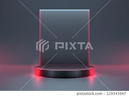 futuristic technology product display with neon glow black pedestal and red blue lighting in modern showroom mockup for sleek tech product showcase concept futuristic technology product display with neon glow black pedestal and red blue lighting in modern showroom mockup for sleek tech product showcase concept 129343947
