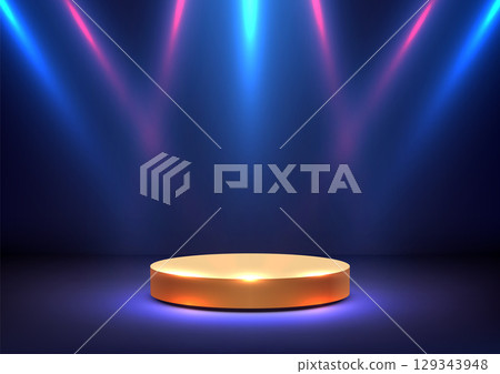 spotlight product display with glowing gold pedestal on dark stage with blue and pink lights mockup template for luxury showcase showroom branding advertising concept 129343948