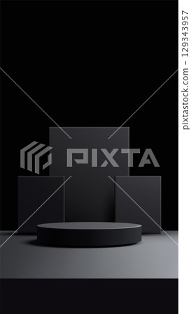 black product display with dark gray circular podium and geometric blocks in modern minimal studio for mockup or showcase 129343957