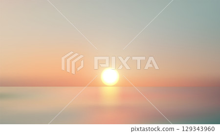 sunset over calm ocean with soft pastel sky and shimmering light reflection minimalist seascape perfect for nature backgrounds coastal travel scenery peaceful atmosphere photography 129343960