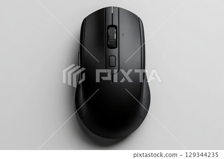 Sleek black wireless gaming mouse on a light background showing design and functionality features 129344235