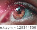 biometric iris scanner projecting holographic interface, scanning a glowing man eye. Worldcoin project 129344500