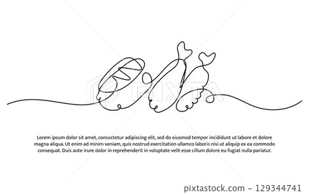 One line of seafood. Abstract minimal continuous line. One line of seafood. Abstract minimal continuous line. 129344741