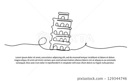 One line of pizza tower. Abstract minimal continuous line. One line of pizza tower. Abstract minimal continuous line. 129344746