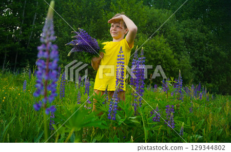 In a scenic lupine field, a happy boy in yellow stands with a big smile, enjoying the beauty of nature and the warmth of the sunny day. In a scenic lupine field, a happy boy in yellow stands with a big smile, enjoying the beauty of nature and the warmth of the sunny day. 129344802