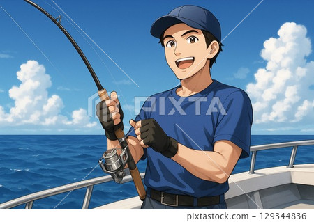 一名男子在船上釣魚 129344836