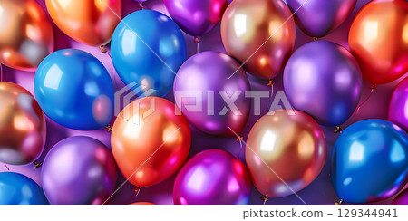 Colorful balloons background, Bunch of colorful balloons flying in the air - Ai Generated 129344941