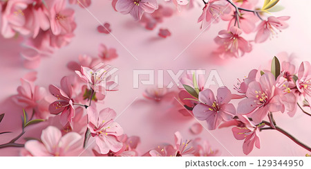 Cherry blossom branch with pink flowers on blurred background, Blooming sakura - Ai Generated 129344950