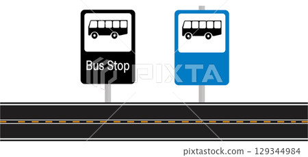 Two bus stop signs, one black and one blue, are displayed on a stretch of asphalt road 129344984