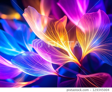 A flower with rainbow-colored veins floating in the night sky 129345004