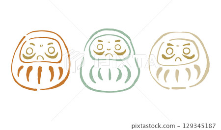 A cute and relaxed Daruma doll in three colors. A line drawing illustration in calming pastel colors. 129345187