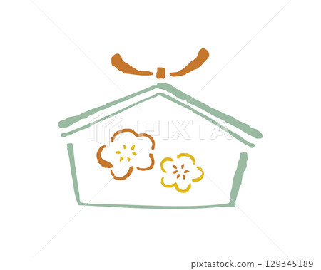 A votive plaque with plum blossoms. A calming pastel colored line drawing. 129345189