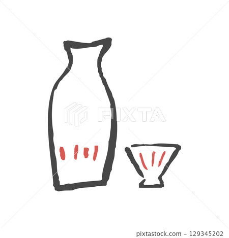 清酒瓶和清酒杯的鬆散線條插圖。 129345202