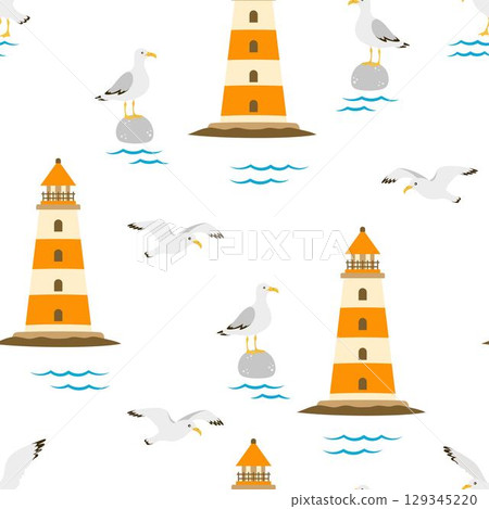 marine pattern with lighthouse and seagulls 129345220