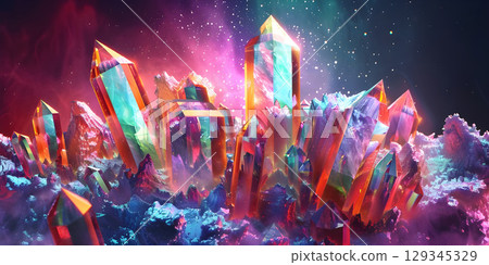 Fantasy alien planet, Mountain and nebula, Gemstone Background - Ai Generated 129345329