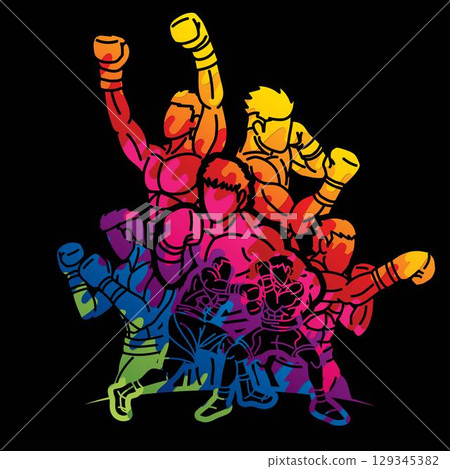 Boxing Sport Group of Boxer Ultimate Fighter Mix Action Muay Thai Kick Boxing Cartoon Graphic Vector 129345382