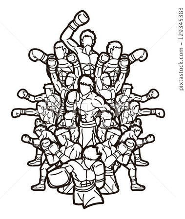 Boxing Sport Group of Boxer Ultimate Fighter Mix Action Muay Thai Kick Boxing Cartoon Outline Graphic Vector 129345383