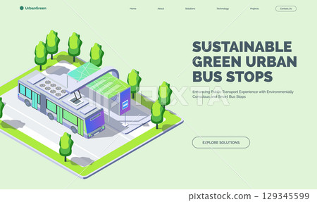 Cartoon Color Sustainable Green Urban Bus Stops Concept Banner 3d Isometric View Line Elements. Vector illustration Cartoon Color Sustainable Green Urban Bus Stops Concept Banner 3d Isometric View Line Elements. Vector illustration 129345599