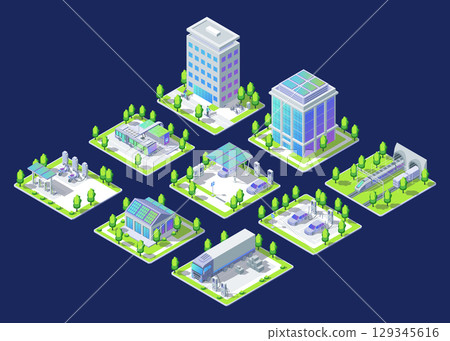 Cartoon Color Electric City Transportation Concept with Personal and Public Electro Transport 3d Isometric View Line Elements. Vector illustration 129345616