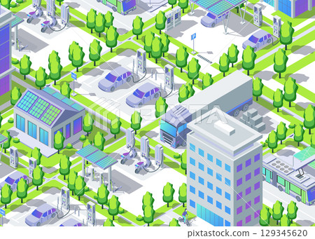 Cartoon Color Electric City Transportation with Color Charge Station for Scooter and Car Card Background 3d Isometric View Line Elements. Vector illustration 129345620