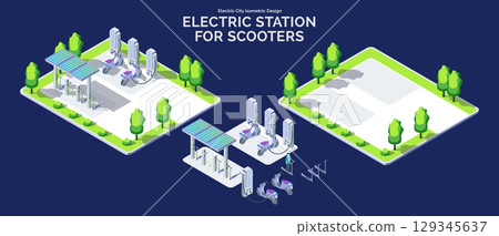 Cartoon Color Charge Station for Scooter with Separate Set Electric City Transportation Concept 3d Isometric View Line Elements. Vector illustration Cartoon Color Charge Station for Scooter with Separate Set Electric City Transportation Concept 3d Isometric View Line Elements. Vector illustration 129345637