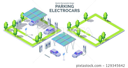Cartoon Color Electrocar Parking Area with Separate Set Electric City Transportation Concept 3d Isometric View Line Elements. Vector illustration 129345642