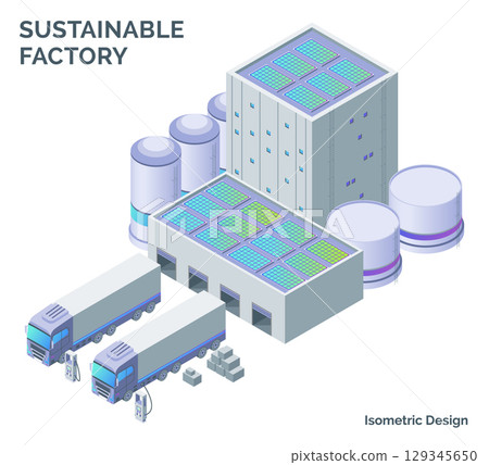 Cartoon Color Renewable Solar Electricity Energy Factory and Electro Truck Electric City Transportation Concept 3d Isometric View Line Elements. Vector illustration Cartoon Color Renewable Solar Electricity Energy Factory and Electro Truck Electric City Transportation Concept 3d Isometric View Line Elements. Vector illustration 129345650