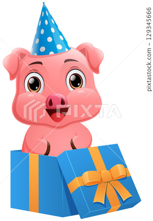 Cute pig with birthday hat and gift box on white background 129345666