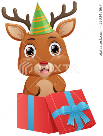 Cute deer with birthday hat and gift box on white background 129345667
