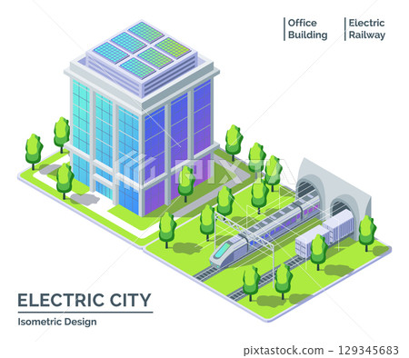 Cartoon Color Electro Train and Office Building with Solar Panels Electric City Transportation Concept 3d Isometric View Line Elements. Vector illustration 129345683