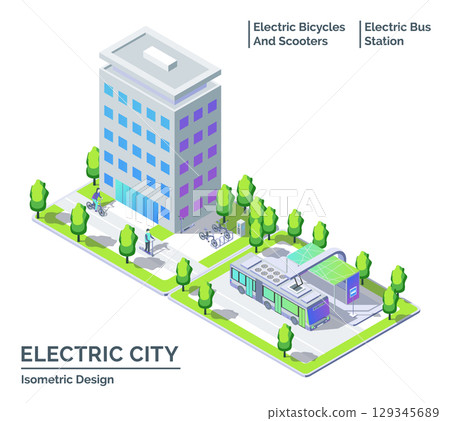 Cartoon Color Bicycle, Scooter, Bus and Public Transport Station Electric City Transportation Concept 3d Isometric View Line Elements. Vector illustration Cartoon Color Bicycle, Scooter, Bus and Public Transport Station Electric City Transportation Concept 3d Isometric View Line Elements. Vector illustration 129345689
