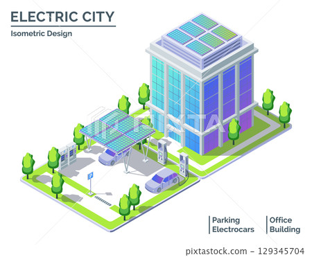 Cartoon Office Building with Solar Panels and Parking Area Electric City Transportation Concept 3d Isometric View Line Elements. Vector illustration Cartoon Office Building with Solar Panels and Parking Area Electric City Transportation Concept 3d Isometric View Line Elements. Vector illustration 129345704