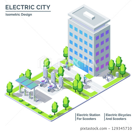 Cartoon Color Bicycle, Scooter and Charging Station Electric City Transportation Concept 3d Isometric View Line Elements. Vector illustration Cartoon Color Bicycle, Scooter and Charging Station Electric City Transportation Concept 3d Isometric View Line Elements. Vector illustration 129345710